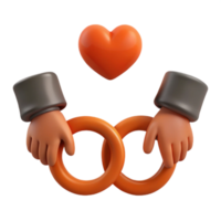 3D Rendered Illustration of Two Hands Holding Interlocking Rings with a Heart Above png