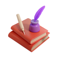 3D Render of Books, Quill Pen, and Inkwell png