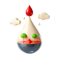 3D Illustration of a Water Droplet with Trees, Clouds, and a Red Drop png