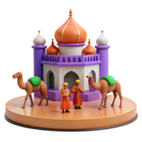 3D Render of a Mosque with Two Camels and Figures png