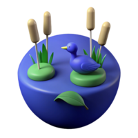 3D Render of Blue Duck in Pond with Cattail Reeds png
