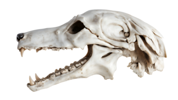 wolf's skull with elongated snout and visible fangs highlighted on isolated background showing intricate bone structure and teeth detail png