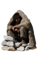 caveman building a simple stone shelter, stacking rocks and covered in primitive fur clothing on isolated background png