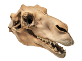 close-up of a camel skull showing its long snout and large teeth on isolated background, emphasizing bone structure and fossil detail png