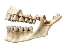 close-up of a human jawbone showing detailed teeth sockets and bone structure on isolated background png