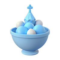 Blue and White 3D Rendered Bowl with Ornate Lid and Spheres png