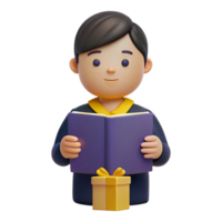 3D Cartoon Character Reading a Book with Gift Box png