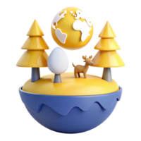 3D Render of a Small Island with a Deer, Trees, and a Globe png