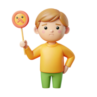 Sad Cartoon Boy Holding Up a Frown Emoji on a Stick png
