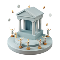 3D Render of People Surrounding a Building with Coins Flying Around png