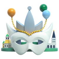 Masquerade Celebration 3D Render of a White Mask, Crown, Balloons, and Buildings png