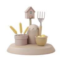 Cute 3D Render of a Garden Scene with a Birdhouse, Wheat, Eggs, and a Garden Tool png