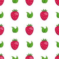 Seamless berry pattern with strawberries and green leaves on a white background vector