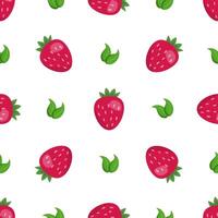 Berry pattern with strawberries and green leaves, seamless texture vector