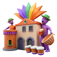 3D Illustration of Festive Characters Playing Drums in Front of a Building with Colorful Decorations png