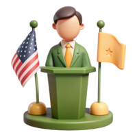 3D Cartoon Character Delivering a Speech at a Podium with Flags png