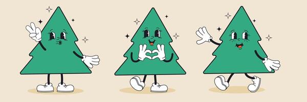 Groovy Christmas trees in trendy retro cartoon style. Merry Christmas and Happy New year greeting card, poster, print, party invitation, background. vector