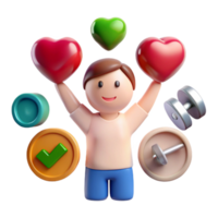Happy 3D Character Celebrating Success with Hearts, Checkmark, and Dumbbell png