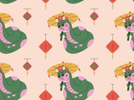 Seamless pattern featuring a cute snake with a flower-decorated umbrella and traditional lanterns. Perfect for Chinese New Year designs, festive textiles, and holiday projects. vector