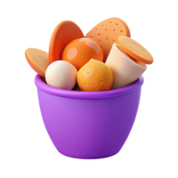 3D Render of a Purple Bowl Filled with Orange and White Objects png