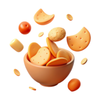 3D Rendered Bowl of Crackers with Flying Snacks png