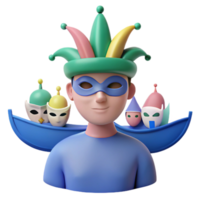 3D Cartoon Character in Jester Hat with Masks on a Boat png