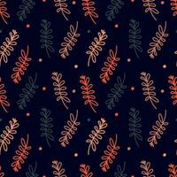Seamless leaf pattern. An old sketch of leaves on a dark background. A hand drawn illustration. vector