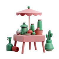 3D Rendered Table with Umbrella and Colorful Pottery png