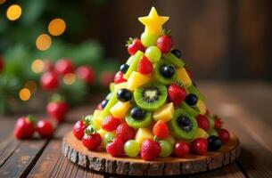 fruit Christmas tree made of kiwi, strawberries, grapes and pineapple on a wooden stand. A bright, festive and healthy dessert for a festive table photo