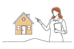 Woman with a clipboard, directing attention to a house with a pointed gesture isolated continuous line art flat illustration on white background vector