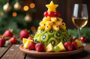 Christmas tree made of various fresh fruits on a wooden stand. A bright, festive and healthy dessert for a festive table photo