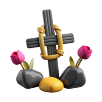 3D Render of a Cross with Two Tulips and Stones png