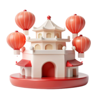 3D Rendering of a Traditional Asian Pagoda with Red Lanterns png