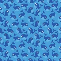 Seamless pattern of stylized whale figures with cute facial expressions on a blue background. vector