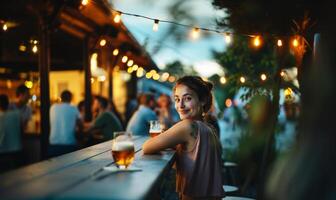 Young woman at a local craft brewery at twilight, enjoying beer drinks photo