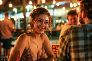 Friends gathered at a local craft brewery's patio area at twilight, enjoying drinks and the sense of community, with a young woman in focus photo