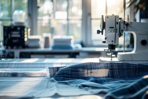 Textile studio with eco-friendly fabric and sewing machine, sunlight streaming through windows photo
