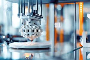 Close-up of a 3D printer crafting a complex, geometric object in a laboratory, highlighting advanced fashion manufacturing and design technology. photo