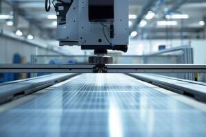 Industrial machine assembling solar panels in a high-tech factory, emphasizing precision and automation in clean energy production. photo