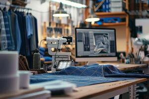 AI-powered software app in computer designing eco-friendly fabric, reducing material waste, in a modern textile lab with digital tools and sustainable materials photo