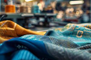 Vibrant, intricately patterned textiles in shades of blue and yellow are draped across a surface in a fabric workshop. photo