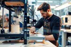 Engineer programming a textile 3D printer in a fashion tech lab, working with spools of eco-friendly filament, wearing an apron and focused on the task photo