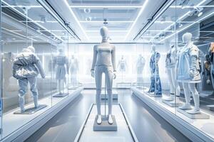 Virtual boutique with glass display cases showcasing fashion in studio setting. Futuristic clothing exhibition with 3D-printed clothing on mannequins in modern in a high-tech gallery photo