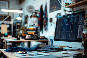 Behind the scenes of a modern textile design studio with computer-aided design software, fabrics, and digital tools on a cluttered workspace photo