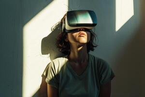 Woman leaning against a wall, wearing a virtual reality headset, experiencing vertigo and side effects of VR experience photo