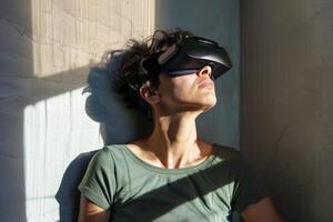 Mixed race woman wearing a virtual reality headset as a therapy and meditation. Mental health with new technology photo
