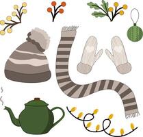 Set with cozy winter elements. Scandinavian hygge set with warm, cozy winter elements isolated on white background. vector