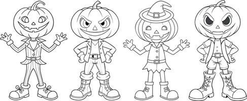 Set of four whimsical pumpkin characters exudes charm, each adorned with unique outfits vector