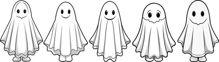 Halloween ghost character set. Five unique ghost designs with simple, playful expressions. For event branding, digital assets, children's products vector