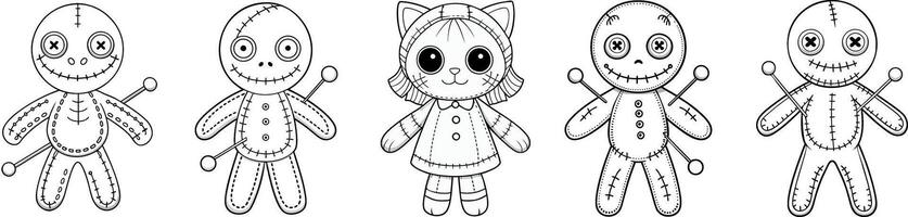 Set adorable plush dolls with unique designs and expressions, whimsy, showcases creativity and charm vector